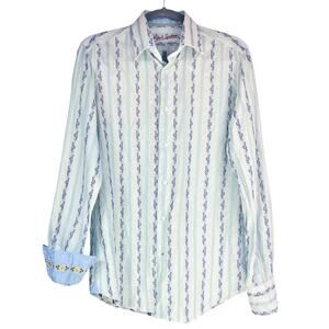 ROBERT GRAHAM Light Blue Stripe Button-Front Shirt w Contrast Cuffs Sz 39/15.5/M